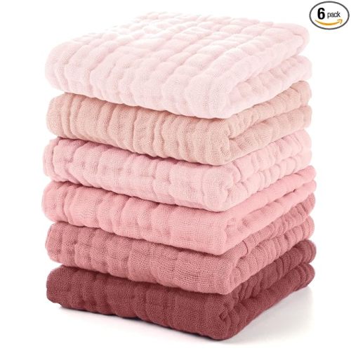 Muslin Burp Cloths Baby 12''X12'', Baby Washcloths 6 Pack, 100% Cotton Baby Wash Cloths Absorbent and Soft for Newborn Infants Kids Boys Girls - Gradient Pink
