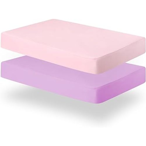 Biloban Pack and Play Sheets Fitted, 2 Pack Pack and Play Sheet Fits for Graco Pack n Play Mattress, Neutral Playard Sheets for Baby Boys and Girl, Pink & Violet, 38”X 26”
