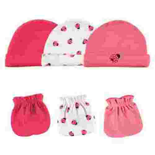 Luvable Friends Baby Girl Cotton Caps and Scratch Mittens 6pk, Ladybug, 0-6 Months