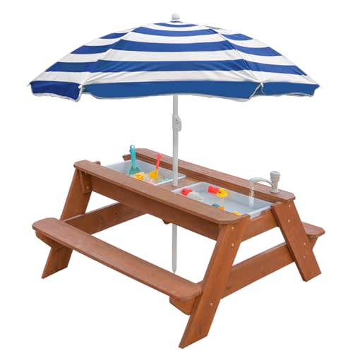 Kids 3-in-1 Sand & Water Table, Wood Outdoor Convertible Picnic Table w/Umbrella, 2 Trays, Removable Top with Faucet, Picnic Table for Outdoor (Brown/Navy)