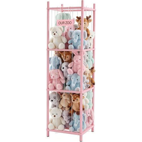 OLIXIS Large Plushies Storage Organizer, 54In Oversized Stuffed Animal Holder, Elastic Cord & Solid Wood Base Design, Space Saving Zoo Toy Storage for Nursery Playroom Bedroom, Pink