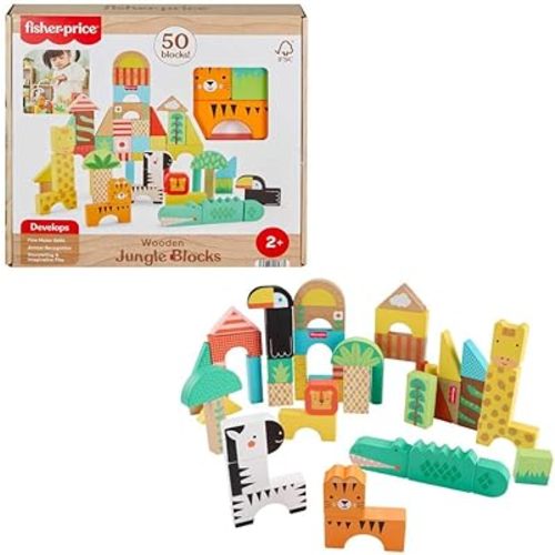 Fisher-Price Wood Toddler Toy Jungle Blocks, 50-Piece Wooden Animal Building Set for Preschool Pretend Play Kids Ages 2+ Years