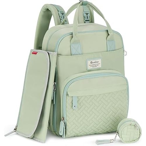 RUVALINO Diaper Bag Backpack, Multifunction Travel Pack Maternity Baby Changing Bags, Large Capacity, Waterproof, Light Green