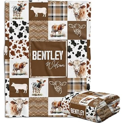 Cow Baby Blankets, Baby Western Stuff, Cowboy Baby Name Blanket, Personalized Baby Blankets for Boys Girls, Custom Name Cow Prints Swaddle Blanket for Crib Stroller Travel Bed