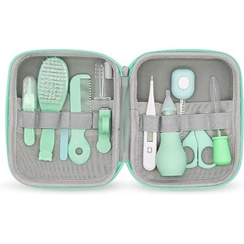 Baby Grooming Kit, 15 in 1 Portable Baby Safety Care Kit with Baby Brush and Comb Set Nail Clippers Nasal Aspirator etc for Nursery Newborn Infant Girl Boys Keep Clean Baby Essentials (Green)