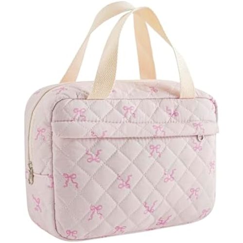 Large Size Quilted Coquette Makeup Bag, Cute Preppy Floral Cotton Travel Cosmetic Organizer Bag with Top Handle, Multi-Layer Travel Toiletry Pouch for Girls(06Small Pink Bow)
