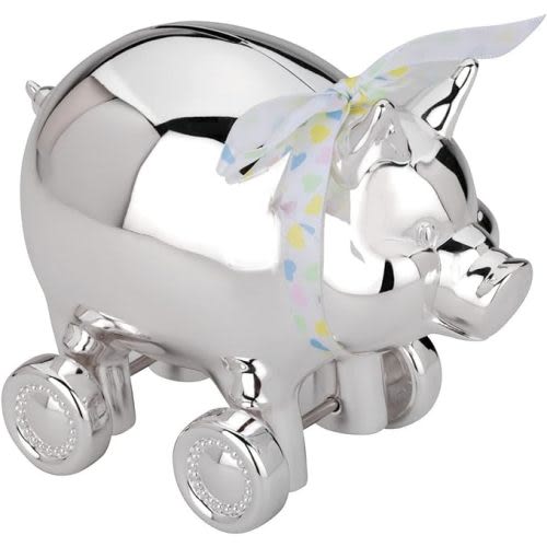 Reed & Barton Piggy with Wheels Silverplate Bank, 1.75 LB, Metallic - Piggy, Silver Plated