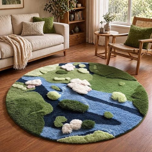YIHOUSE 4ft Moss Round Area Rug 3D Cute Green Grass Rugs for Bedroom Machine Washable Non-Slip Boho Circle Rug Soft Fluffy Carpet for Living Room Bathroom Nursery Room, Pond