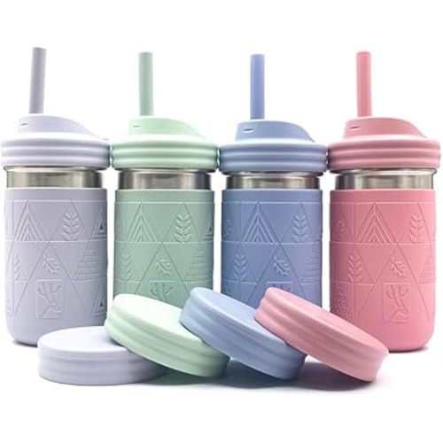Elk and Friends Stainless Steel Cups |14 oz Mason Jar design | Kids & Toddler Cups with Silicone Sleeves & Straws with Stopper | Smoothie Cups | Dishwasher Safe