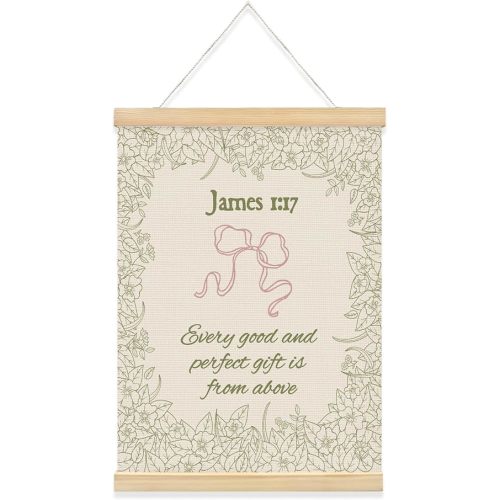 QROZIAR Vintage Coquette Pink Bow Christian Wall Decor, Sage Green Bible Verse Wall Art with Wooden Poster Hanger, Every Good and Perfect Comes from Above, Christian Gifts for Women Girls 12x16 Inch