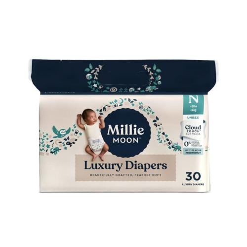Millie Moon Luxury Diapers,CloudTouch Softness, Up to 12 Hour Protection, Size Newborn, 30 Count
