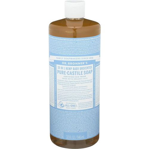 Dr. Bronner's - Pure-Castile Liquid Soap (Baby Unscented, 32 Ounce) - Made with Organic Oils, 18-in-1 Uses: Face, Hair, Laundry, Dishes, For Sensitive Skin, Babies, No Added Fragrance, Vegan, Non-GMO