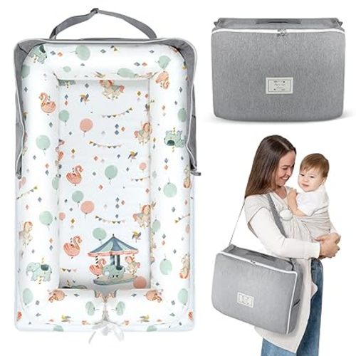 Baby Lounger for Newborn 0-24 Months, Portable Infant Lounger with Soft Breathable Cotton, Adjustable Size Lengthen Space Lightweight & Washable Essentials for Home (3. Carousel)