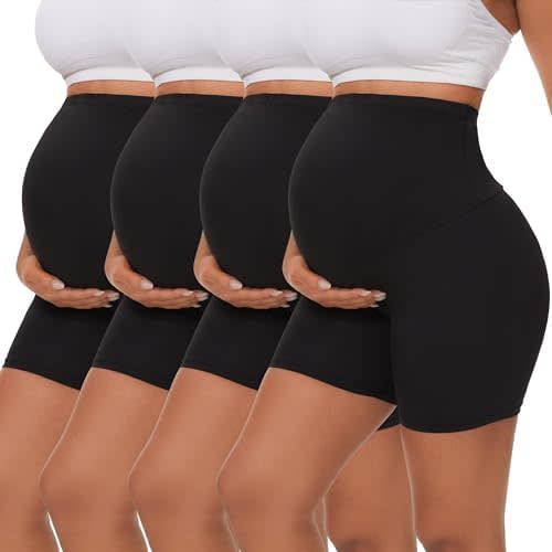 4 Pack Women's Maternity Yoga Shorts Over The Belly Pregnancy Biker Workout Active Athletic Pregnant Shorts 5”
