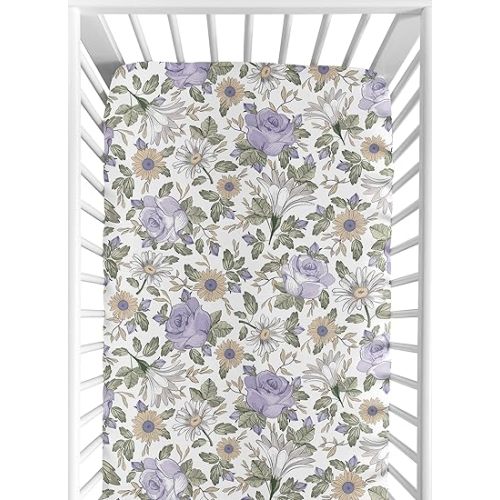 Sweet Jojo Designs Fitted Baby Crib Sheets (Vintage Boho Floral) for Girls, Infant Nursery, Toddler Room - Standard Size (Purple, Shabby Chic, Flower, Rose, Watercolor, Garden, Bohemian, Farmhouse)