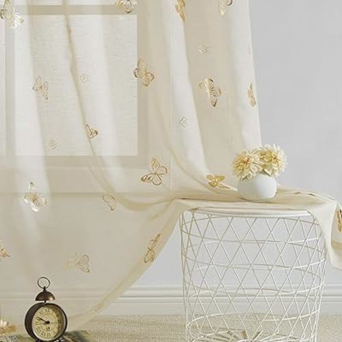 Jubilantex Butterfly Sheer Curtain Panels for Girls Nursery Bedroom, Toddler Gold Print Linen Textured Voile Farmhouse Rod Pocket Window Drapes 63 Inch for Kids Room, 2 Panels, Ivory/Beige