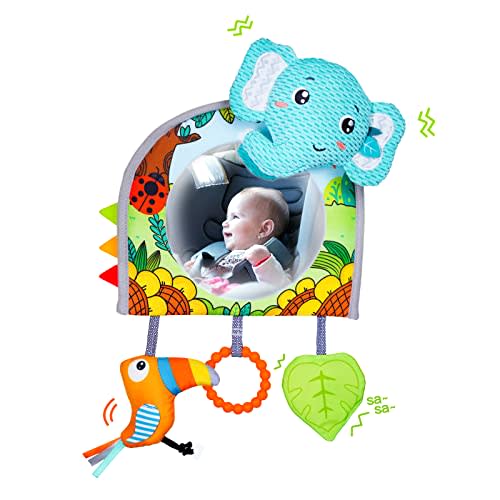 Baby Car Seat Toys - Mirror, Teether & Crinkle Paper - Rear Facing & Tummy Time - Fun Travel Toy