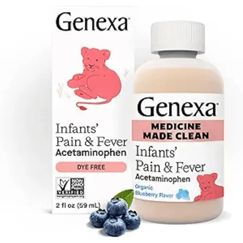 Genexa Infants’ Clean Pain & Fever Acetaminophen, Dye Free, 0% Artificial Additives, Delicious Organic Blueberry Flavor, Liquid Oral Suspension Medicine for Baby, 160 mg per 5mL, 2 fl oz
