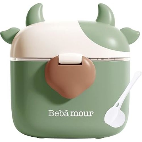 Bebamour Baby Formula Dispenser, BPA Free Portable Milk Powder and Candy Fruit Snack Storage Container with Scoop and Leveller for Travel, 450 ML, Green Cow