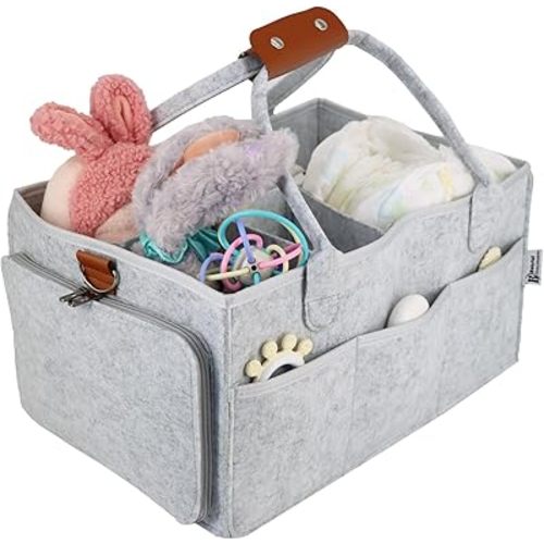 Baby Diaper Stackers & Caddy Organizer, Light Gray Felt, 17" x 12" x 9" XX-Large Portable Diaper Changing Table Storage, Organizer for Nursery, Cars