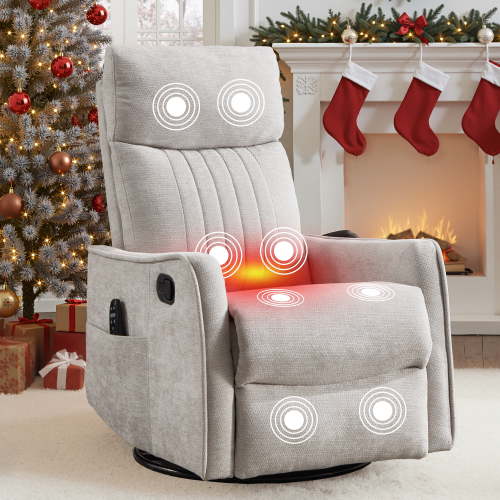 PAPROOS Swivel Rocker Recliner, Fabric 360°Swivel Rocking Chair with Massage and Heat, Glider Rocking Recliner for Nursery, Small Rocker Chair Manual Recliner for Home Theater Living Room, Light Gray