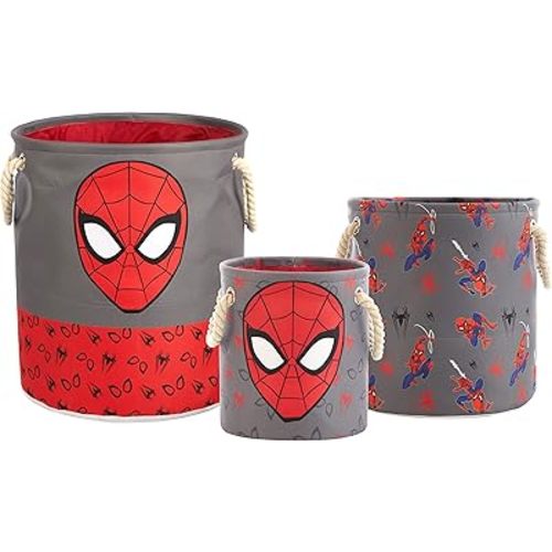 Marvel Spiderman 3 Piece Multi Size Fabric Nestable Toy Storage Basket Set, with Rope Carry Handles