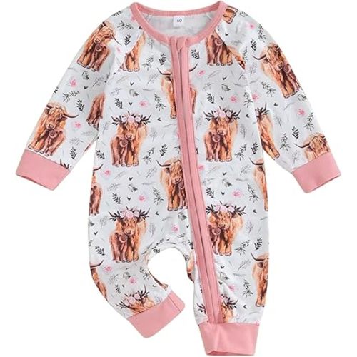 SAYOO Western Baby Cowboy Clothes Neutral Zipped Fall Romper Outfit for Boy Girl Infant Lapel Cow Print One-piece Jumpsuit