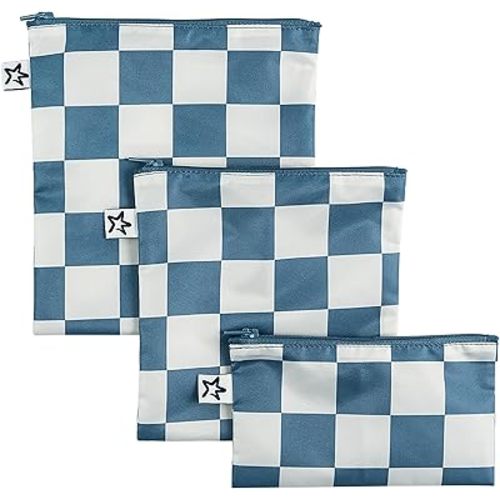 Tiny Twinkle 3 Pack Reusable Snack Bags - Machine Washable, PFAS, PVC, BPA, Phthalate-Free Reusable Baby and Toddler Food Safe Snack Bags (Blue Checkers)