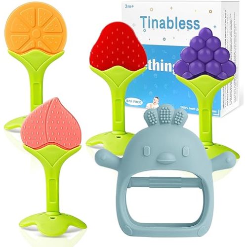 Baby Teething Toys(5 Pack) - Tinabless Infant Teething Keys&Silicone Teething Mitten for Babies Over 3 Months, BPA-Free, Natural Organic Freezer Safe for Infants and Toddlers(Blue)
