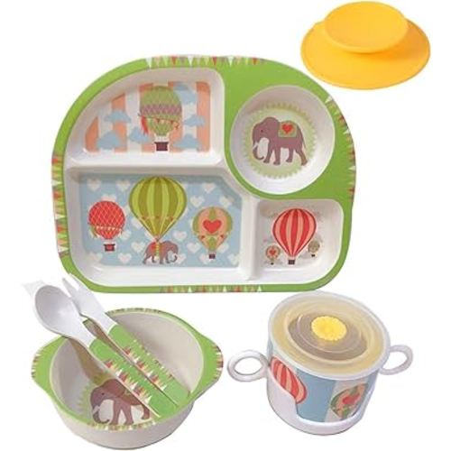 shopwithgreen 7Pcs/Set Bamboo Kids Dinnerware Set - Children Dishes - Food Plate Bowl Cup Spoon Fork Set Dishware, Cartoon Tableware, Dishwasher Safe Kids Healthy Mealtime, BPA Free