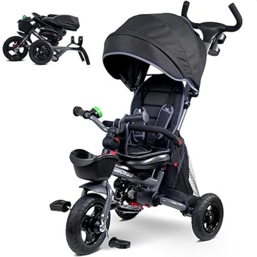7-in-1 Folding Toddler Tricycle for 18 Months to 5 Years, Tricycle Stroller with Dual Brakes, All-Terrian Rubber Tire, Tricycle for Toddlers with Rotatable Seat, Adjustable Push Handle, Grey