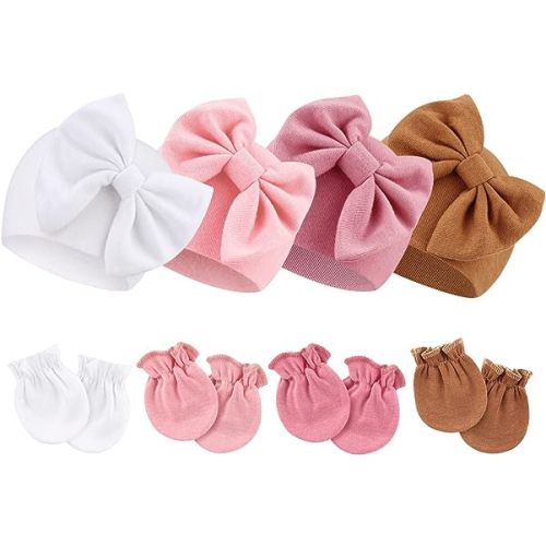 4 PCS Newborn Hats for Baby Girls Infant Beanie Caps with Bow Baby Hats and Mittens for Newborn Baby Girls 0-6 Months
