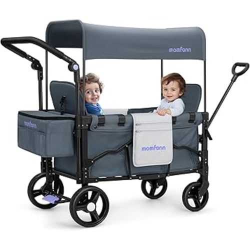Foldable Wagon Stroller for 2 Kids, Double-Seater Baby Wagon with Canopy, Adjustable Handle and Pull Bar, Compact Design for Toddlers and Infants, for Outdoor Adventures (Space Grey)