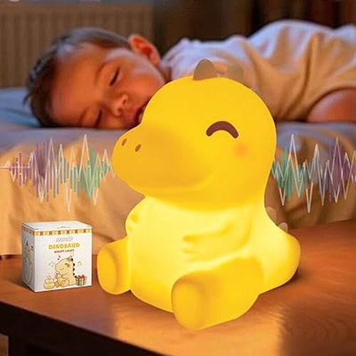 Huggwaii Squishy Dinosaur Night Light for Kids, Dimmable Silicone Kids Night Light with 4 White Noise, Long Battery Life Rechargeable Dinosaur Lamp,Toddler Nightlight,Boys & Baby Gifts Room Decor