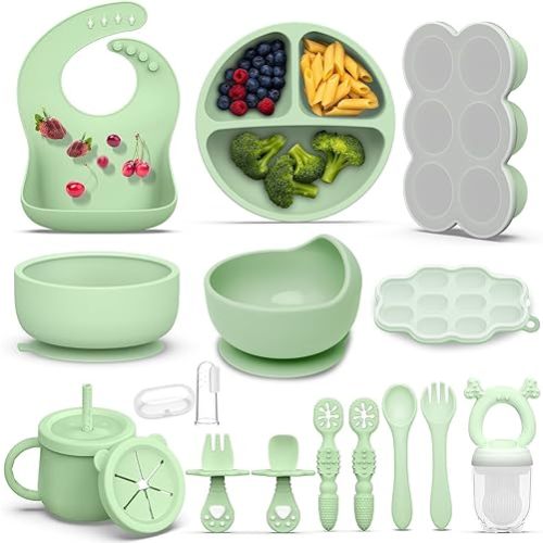 16 Pack Silicone Baby Feeding Set, BPA-Free Toddler Feeding Supplies, Include Suction Plates, Baby Bowls, Silicone Fork & Spoon, and More, First Stage Baby Dish Set - 6+ Months(Green)
