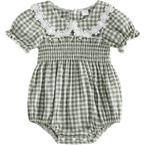 Douhoow Baby Girl Plaid Romper Short Sleeve Doll Collar Baby Dress Romper Infant Girl Summer Festival Clothes