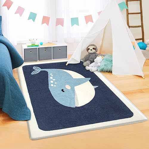 Kids Rug Play Mat Ultra Soft Rugs for Kids Room, 3'x5' Non Slip Cute Animals Children Nursery Rug Baby Rug Kids Carpet Area Rugs for Bedroom Playroom Living Room Bathroom (Blue Whale, 35"x59")