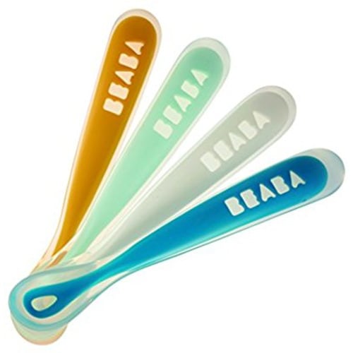 BEABA First Stage Baby Feeding Spoon Set, THE ORIGINAL Soft Tip Silicone Spoons for Babies, Gum Friendly BPA Lead Phthalate and Plastic Free, Great Gift Set (4 Pack), Peacock