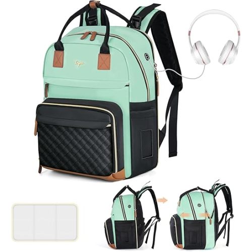 Extra Large Diaper Bag for 2 Kids, Diaper Bag Backpack, Twin Diaper Bag 25-37L Expandable with Changing Pad and Earphone Hole, Green & Black