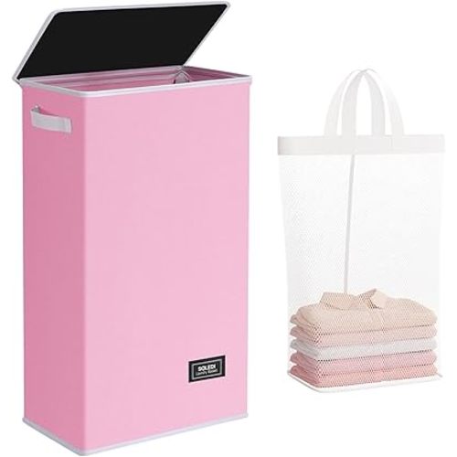 SOLEDI Slim Laundry Hamper with Lid, Narrow Laundry Basket with Removable Bags, Dirty Clothes Hamper with handle, Small Hamper perfect for Laundry room, Bathroom, Bedroom, Small spaces. 70L Pink