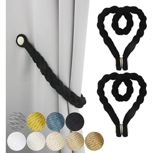 2 Pack Black Magnetic Soft Curtain Tiebacks Cotton Hand-Woven Tieback Holdback Home Decorative Tie Backs with Wooden Buckle for Home Office Decor