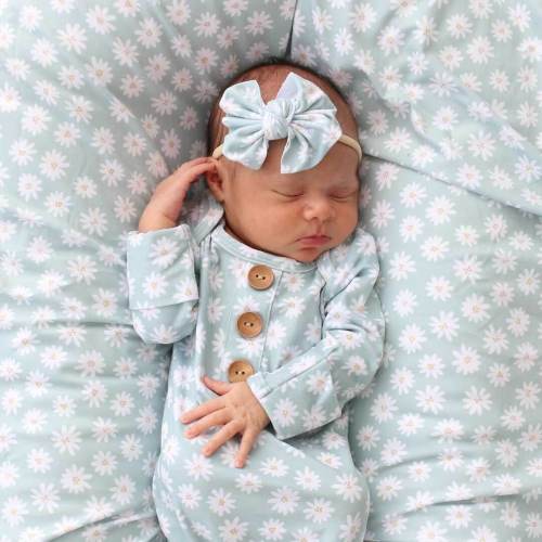 Soft Green Daisy Newborn Baby Knot Gown & Hat | Caden Lane