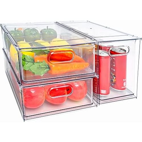 MineSign Stackable Fridge Drawer Pull-Out Bins with Handles 3 Pack Large Clear Food Container with Removable Dividers Refrigerator Storage box Divided Produce Saver for Pantry Kitchen