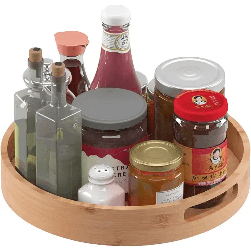 Homerays 12 Inch Lazy Susan Organizer, Kitchen Rotating Spice Rack, Bamboo Lazy Susan with Double Handles for Kitchen Cabinet (Bamboo, Medium)