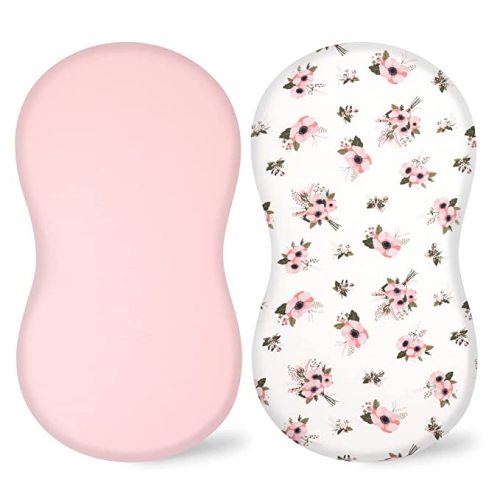 TILLYOU Cotton Fitted Bassinet Sheets for Baby Boy Girl, Fit for Halo Bassinet Swivel Sleeper, Adapt to Hourglass Bassinet Mattress Sheet, 31.5'' x 18'', 2 Pack Floral & Pink - Lt Pink & Floral