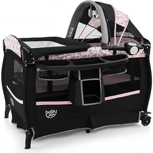 BABY JOY 4 in 1 Pack and Play, Portable Baby Playard with Bassinet & Flip-Away Changing Table, Canopy, Infant Bassinet with Storage Basket, Oxford Bag from Newborn to Toddlers (Pink Flower)