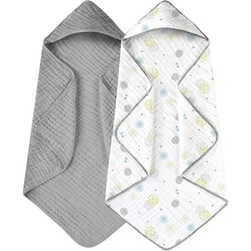 Yoofoss Hooded Baby Towels for Newborn 2 Pack 100% Muslin Organic Cotton Baby Bath Towel with Hood for Babies, Infant, Toddler and Kids, 32x32Inch, Soft and Absorbent Newborn Essential,Grey Flower