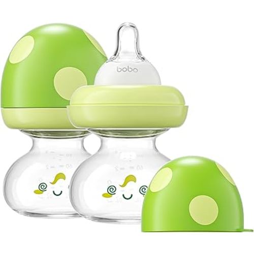 YOHKOH Newborn Glass Baby Bottles with Slow Flow Nipple for 0+ Months, Wide Neck Feeding Bottle, 2.7oz/80ml (Green, 2.7oz (Pack of 2))