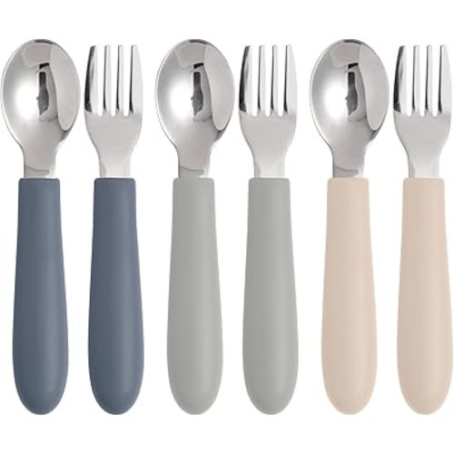 6 Pack Toddler Utensils, Kids Silverware Set with Silicone Handle, Children Safe Forks and Spoons, 18/8 Stainless Steel, Food Grade Silicone Feeding Supplies, Dishwasher Safe