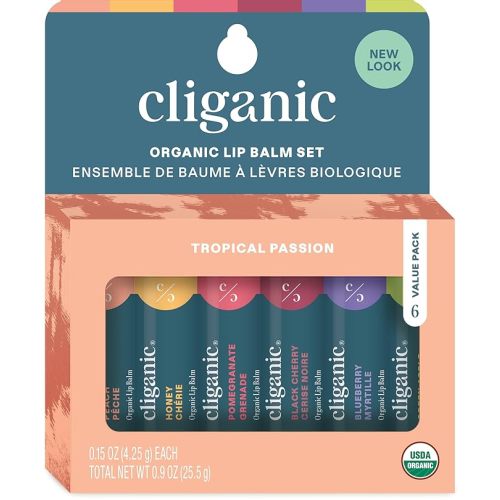 Cliganic Organic Lip Balm Set - 6 Tropical Flavors - 100% Natural Moisturizer for Cracked & Dry Lips